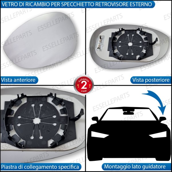 Specchietto LATO GUIDATORE Retrovisore Termico Laterale di Ricambio per ABARTH GRANDE PUNTO