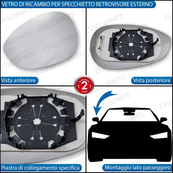 Specchietto LATO PASSEGGERO Retrovisore Termico Laterale di Ricambio per ABARTH GRANDE PUNTO