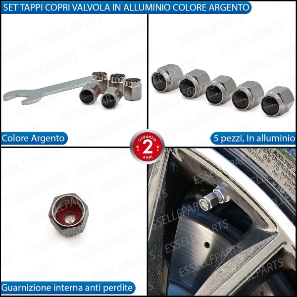 Set Tappi Copri Valvola Coprivalvola In Alluminio Argento Con Guarnizione