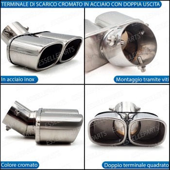 Terminale Di Scarico Doppio Marmitta per Opel Corsa E Finalino Cromato Inox Terminale Di Scarico Doppio Marmitta per Opel Corsa E Finalino Cromato Inox