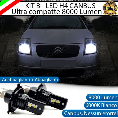Kit Full LED H4 CANBUS 8000 Lumen 6000K Bianco Ghiaccio Per CITROEN C2