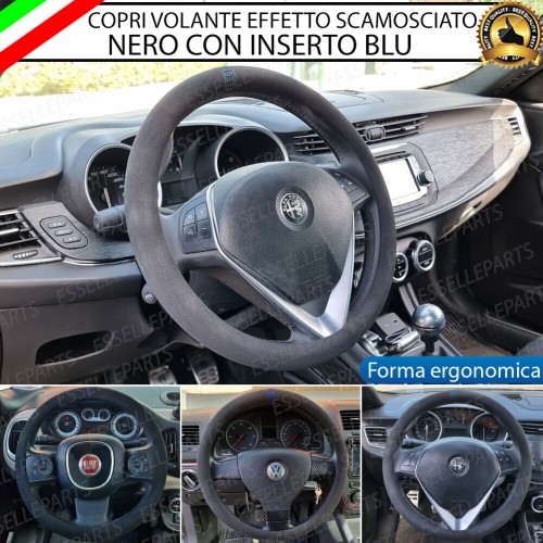 Coprivolante Tondo Effetto Scamosciato con inserti BLU Antiscivolo Ergonomico per Auto