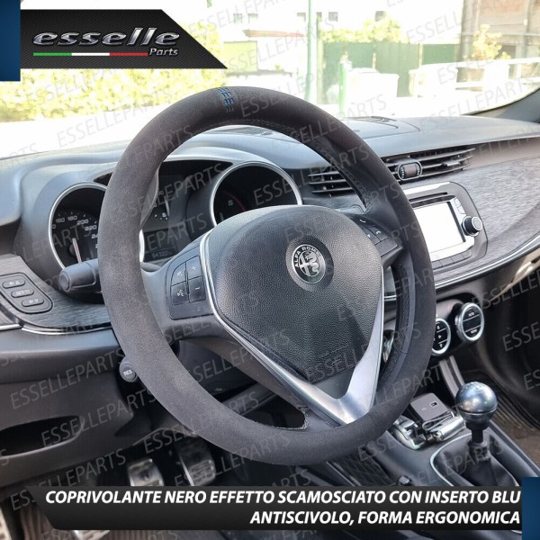 Coprivolante Tondo Effetto Scamosciato con inserti BLU Antiscivolo Ergonomico per Auto