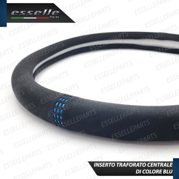 Coprivolante Tondo Effetto Scamosciato con inserti BLU Antiscivolo Ergonomico per Auto