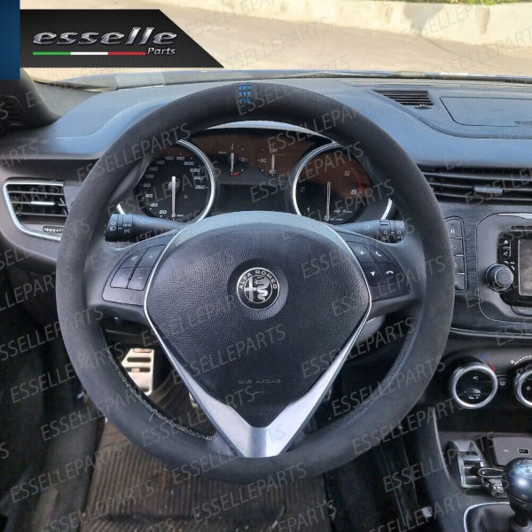 Coprivolante Tondo Effetto Scamosciato con inserti BLU Antiscivolo Ergonomico per Auto