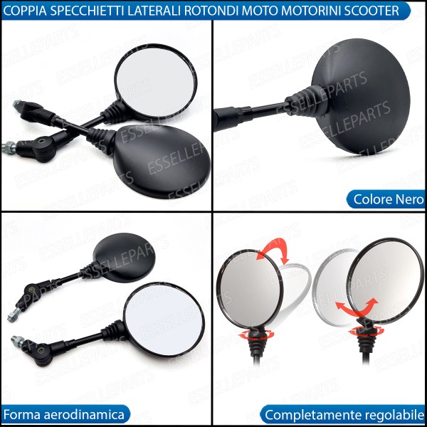 Coppia Specchietti Retrovisori Neri Rotondo Tondo Universali per moto,motorini,scooter