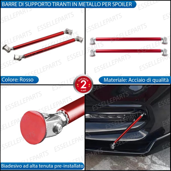 2 X BARRE SUPPORTO TIRANTI IN ACCIAIO ROSSO 20CM PER PARAURTI, SPOILER, SPLITTER