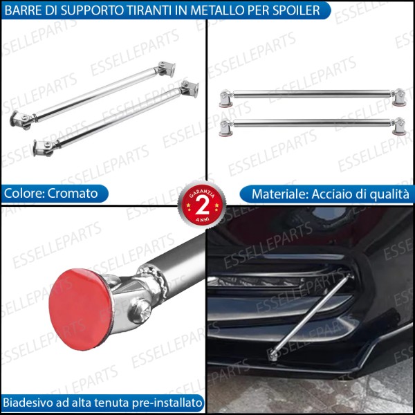 2 X BARRE SUPPORTO TIRANTI IN ACCIAIO CROMATO 20CM PER PARAURTI, SPOILER, SPLITTER