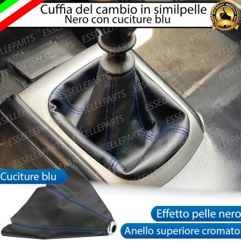 Cuffia Leva Cambio In Similpelle Nero Con Cuciture A Rilevo Blu Ghiera Cromata