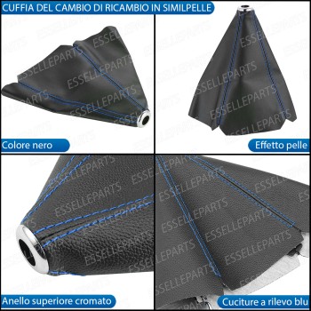 Cuffia Leva Cambio In Similpelle Nero Con Cuciture A Rilevo Blu Ghiera Cromata