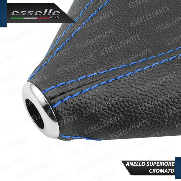 Cuffia Leva Cambio In Similpelle Nero Con Cuciture A Rilevo Blu Ghiera Cromata