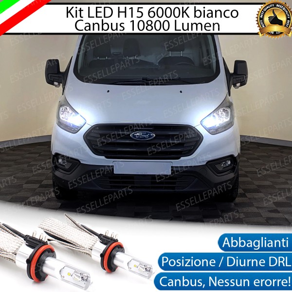 Kit Luci Diurne Abbaglianti H15 10800 LUMEN 6000K Ford Transit Custom con fari a parabola