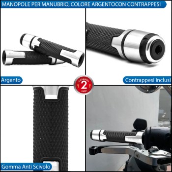 Manopole Manubrio Moto Scooter Argento Antiscivolo Con Contrappesi per Peugeot