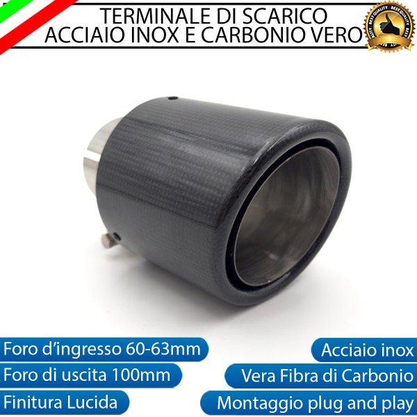 Terminale di Scarico in Vera Fibra di Carbonio IN 60-63mm OUT 100mm