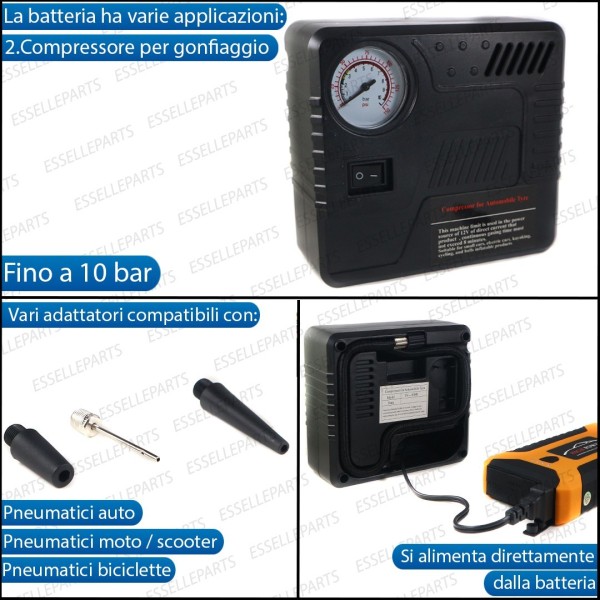 KIT Avviatore Batteria + Compressore Gomme di Emergenza per Malaguti
