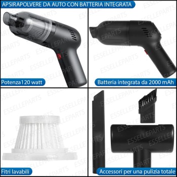 ASPIRAPOLVERE SENZA FILI PER AUTO RICARICABILE DA 120 W BATTERIA INCLUSA 2000 mAh