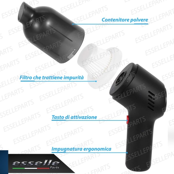 ASPIRAPOLVERE SENZA FILI PER AUTO RICARICABILE DA 120 W BATTERIA INCLUSA 2000 mAh