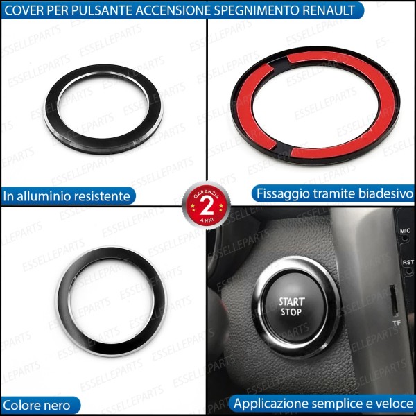 Cover - NERO - per Pulsante Accensione Engine in Alluminio per Renault Kadjar