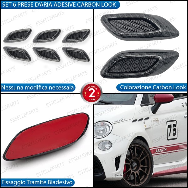 Set 6 Prese D'Aria Laterali Sportive Carbon Look Lucido Adesive in ABS