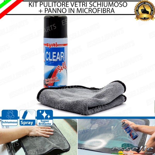 Detergente Pulitore Pulisci Vetri Interni Esterni Auto 200 Ml + Panno  Microfibra
