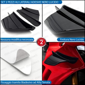 Set 2 Ali Laterali Adesive Colore Nero Lucido per Moto,Scooter,Quod Sym