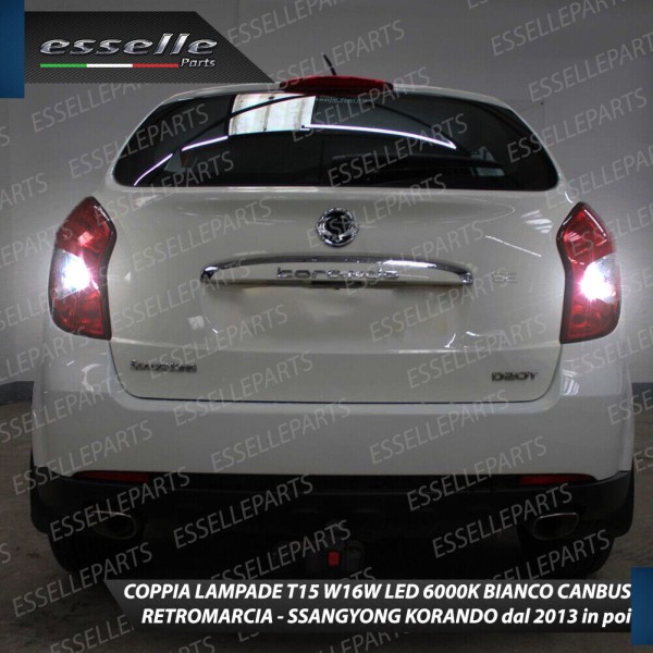 Coppia lampade Retromarcia LED T15 W16W da 13 Led Canbus 6000K bianco per Ssangyong Korando MK3 Dal 2013