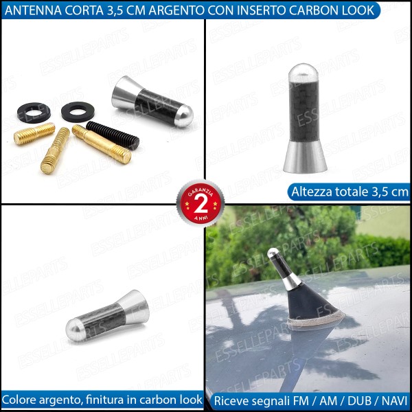 Antenna Corta 3,5 cm Colore ARGENTO ed effetto Carbonio, ricezione radio AM-FM-DAB-NAVI