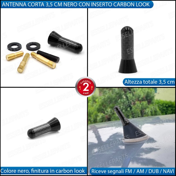Antenna Corta 3,5 cm Colore NERO ed effetto Carbonio, ricezione radio AM-FM-DAB-NAVI