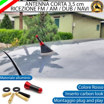 Antenna Corta 3,5 cm Colore ROSSO ed effetto Carbonio, ricezione radio AM-FM-DAB-NAVI