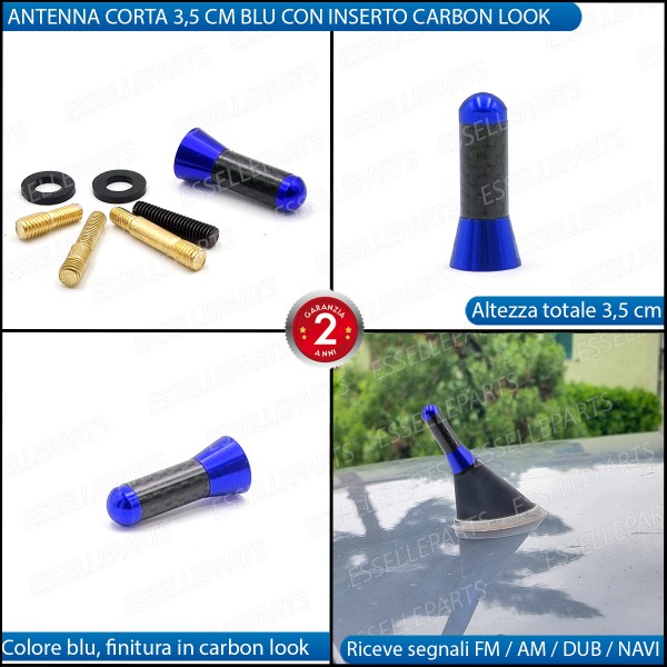 Antenna Corta 3,5 cm Colore BLU ed effetto Carbonio, ricezione radio AM-FM-DAB-NAVI