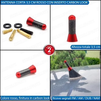 Antenna Corta 3,5 cm Colore ROSSO ed effetto Carbonio, ricezione radio AM-FM-DAB-NAVI