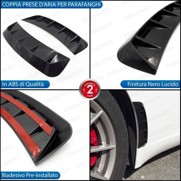 Coppia Prese D'aria Sportive Adesive per Parafanghi Nero Lucido Auto
