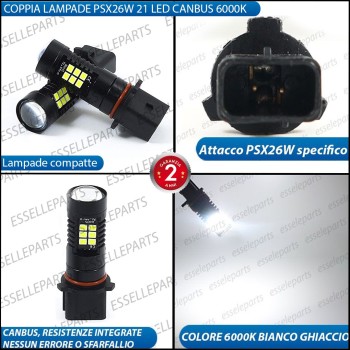 Coppia lampade PSX26W 21 LED Canbus 6000K bianco ghiaccio con lente frontale