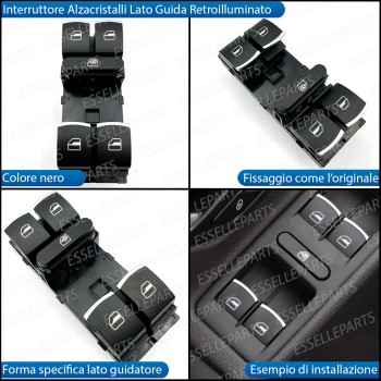 INTERRUTTORE ALZACRISTALLI LATO GUIDATORE NERO / CROMO PER VW POLO 6R 6C1 DAL 2014