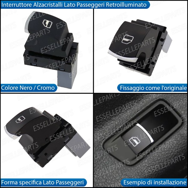 PULSANTE ALZACRISTALLI VETRI NERO / CROMO PER SKODA FABIA 2 FINO AL 2010
