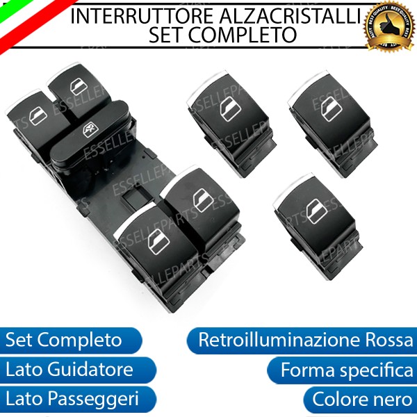 SET COMPLETO PULSANTIERA PULSANTI ALZACRISTALLI NERO CROMATO PER SKODA ROOMSTER