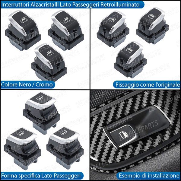 SET COMPLETO PULSANTIERA PULSANTI ALZACRISTALLI NERO CROMATO PER AUDI Q2
