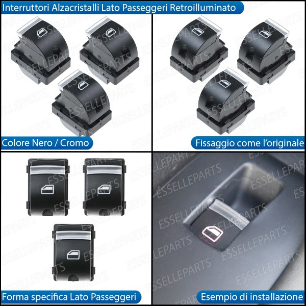 SET COMPLETO PULSANTIERA PULSANTI ALZACRISTALLI NERO CROMATO PER AUDI A4 B6