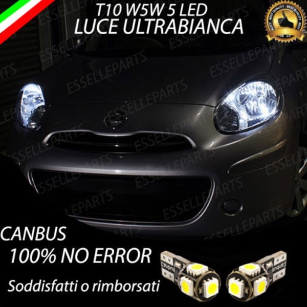 Coppia luci posizione T10 W5W 5 LED canbus 6000K Nissan Micra MK4 Fino al 05-2013