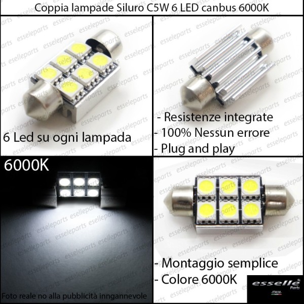 Coppia lampade siluro 6 LED Luci Targa Canbus 6000K Bmw Serie 6 E63 E64 Fino al 2005