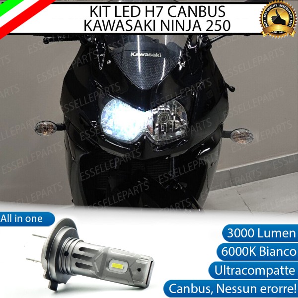Kit Full LED H7 Per Kawasaki Ninja 250 R 3000 Lumen Ultra Compatta 6000K Bianco