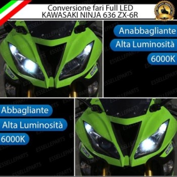 Conversione Faro Full LED Anabbagliante + Abbagliante per Kawasaki Ninja 636 ZX-6R 2013-2016 ABS. Lampade compatte, 6000K Bianco