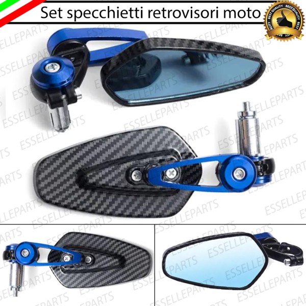 Coppia Specchietti Retrovisori Carbon e Blu Laterali Universali per Manubrio moto, scooter