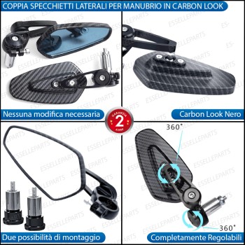 Coppia Specchietti Retrovisori Carbon Look Neri Laterali per Manubrio