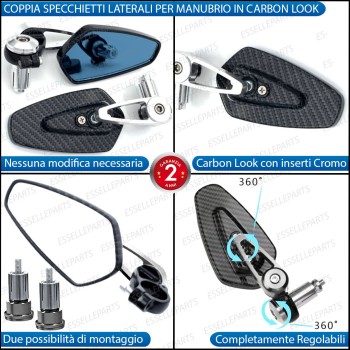 Coppia Specchietti Retrovisori Carbon Look e Cromati Laterali per Manubrio Coppia Specchietti Retrovisori Carbon Look e Cromati Laterali per Manubrio