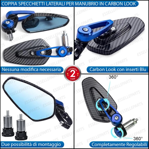 Coppia Specchietti Retrovisori Carbon Look e Blu Laterali per Manubrio
