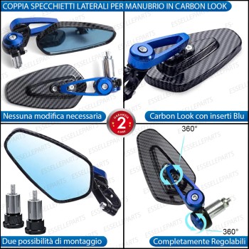 Coppia Specchietti Retrovisori Carbon Look e Blu Laterali per Manubrio