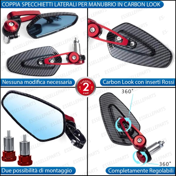 Coppia Specchietti Retrovisori Carbon Look e Rossi Laterali per Manubrio