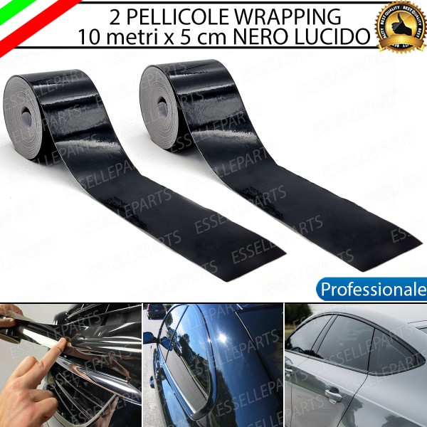 2 x Pellicola Wrapping Nero Lucido Professionale Cromature Esterne Auto 5 cm X 10 mt