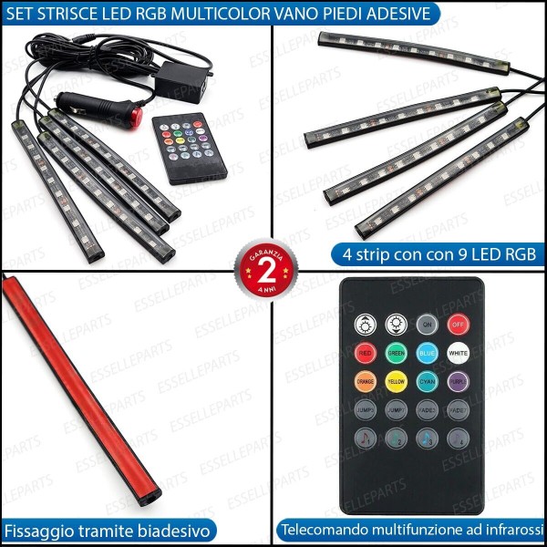 Kit LED Striscia Interni RGB vano piedi multicolor con telecomando 4 strip LED